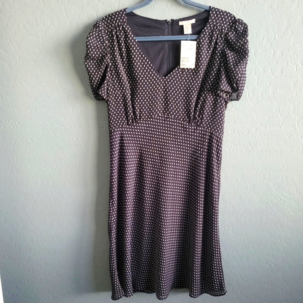 H&M Navy Blue Polka Dot Dress Size 12 Ruched Puff Sleeves